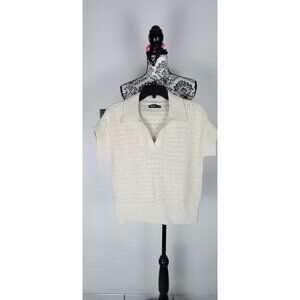 Vera Wang Womens Knit Polo Sweater Short Sleeve Cream Textured Top Size M
